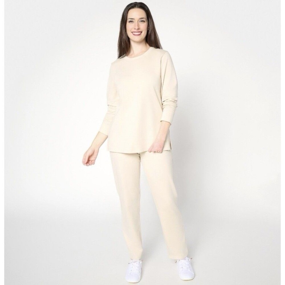 Denim & Co. Tall EasyWear French Terry Top & Pant Set Sz Tall Large New Stone